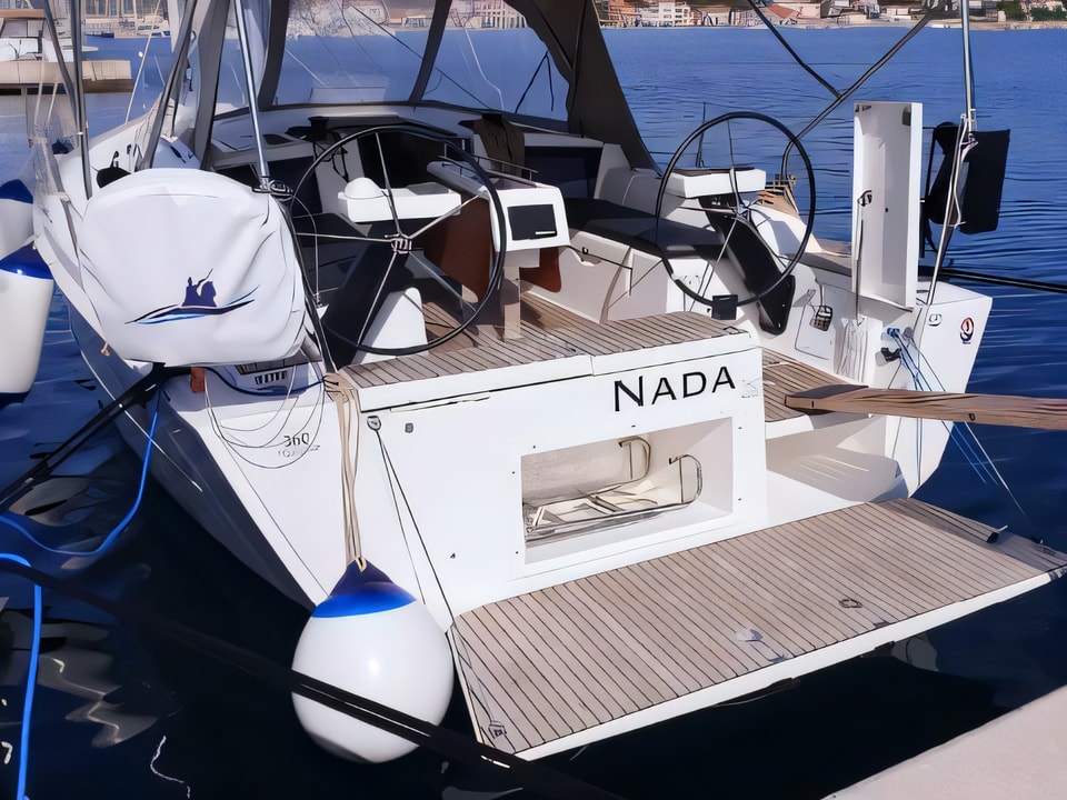 Exterior overview of Dufour 360 Grand Large sail boat for charter from Rogoznica Marina Frapa in the Sibenik sailing area Croatia
