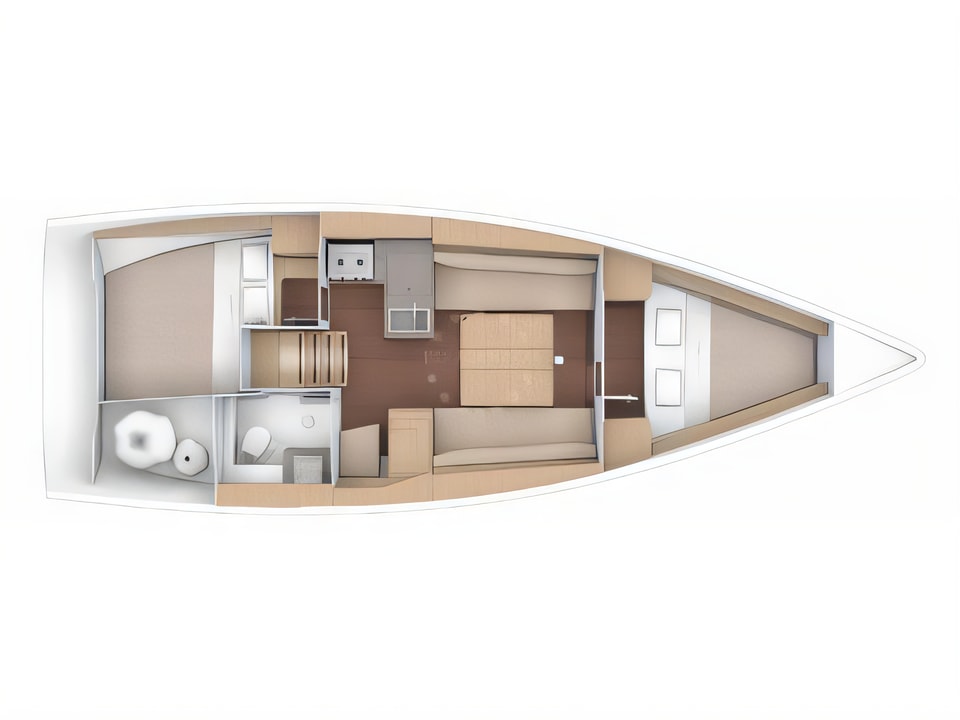 Layout of Dufour 360 Grand Large sail boat with 2 cabins Croatia yacht charter