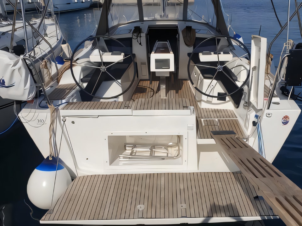 Exterior overview of Dufour 360 Grand Large sail boat for charter from Rogoznica Marina Frapa in the Sibenik sailing area Croatia