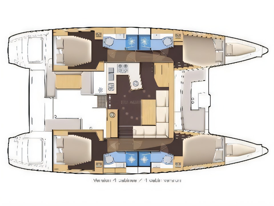 Layout of Lagoon 450 Sport equipped with generator, A / C (saloon+cabins), dishwasher catamaran with 6 cabins Croatia yacht charter