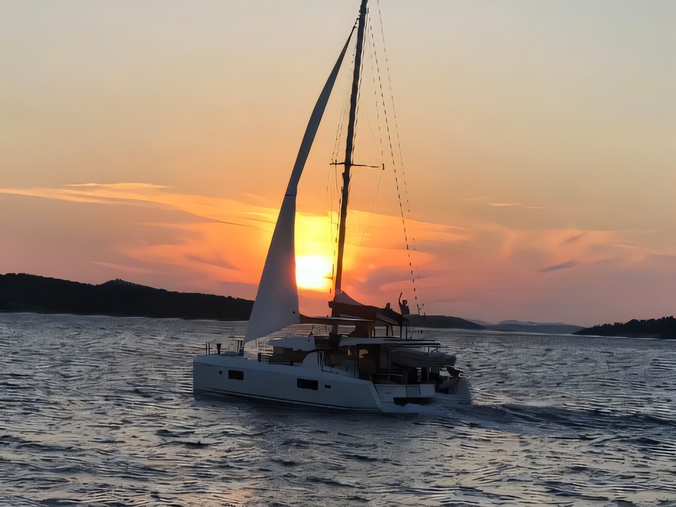 Exterior overview of Lagoon 42 catamaran for charter from Sibenik Marina Mandalina in the Sibenik sailing area Croatia