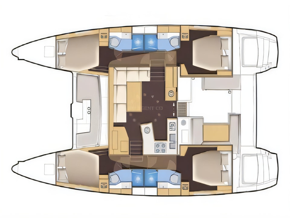 Layout of Lagoon 450 S catamaran with 6 cabins Croatia yacht charter