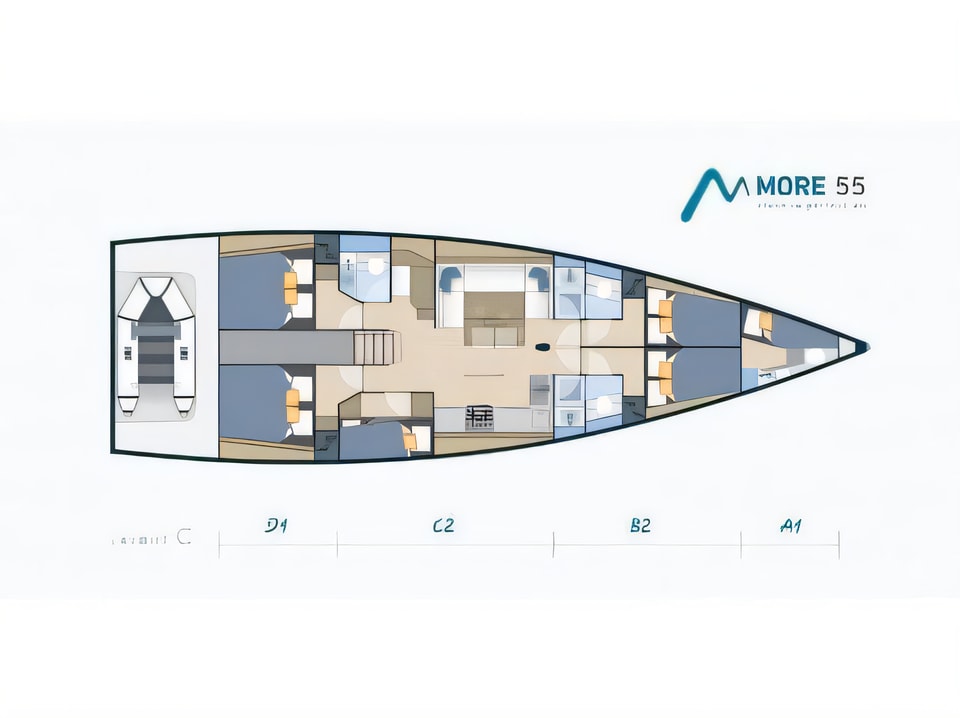 Layout of More 55 sail boat with 6 cabins Croatia yacht charter