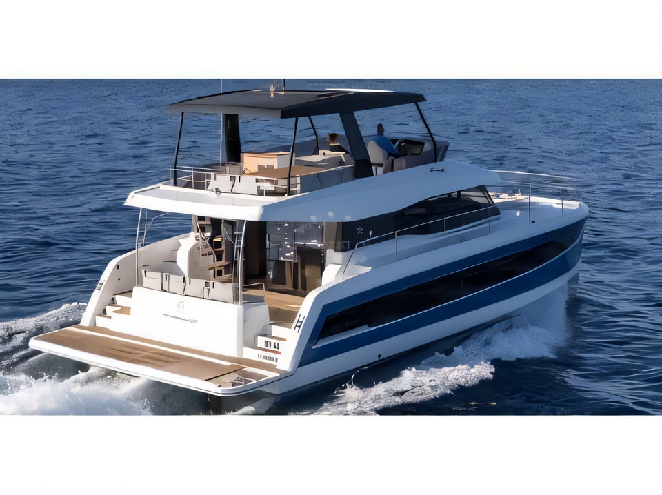 Exterior overview of MY 44 Fountaine Pajot power catamaran for charter from Sibenik Marina Mandalina in the Sibenik sailing area Croatia