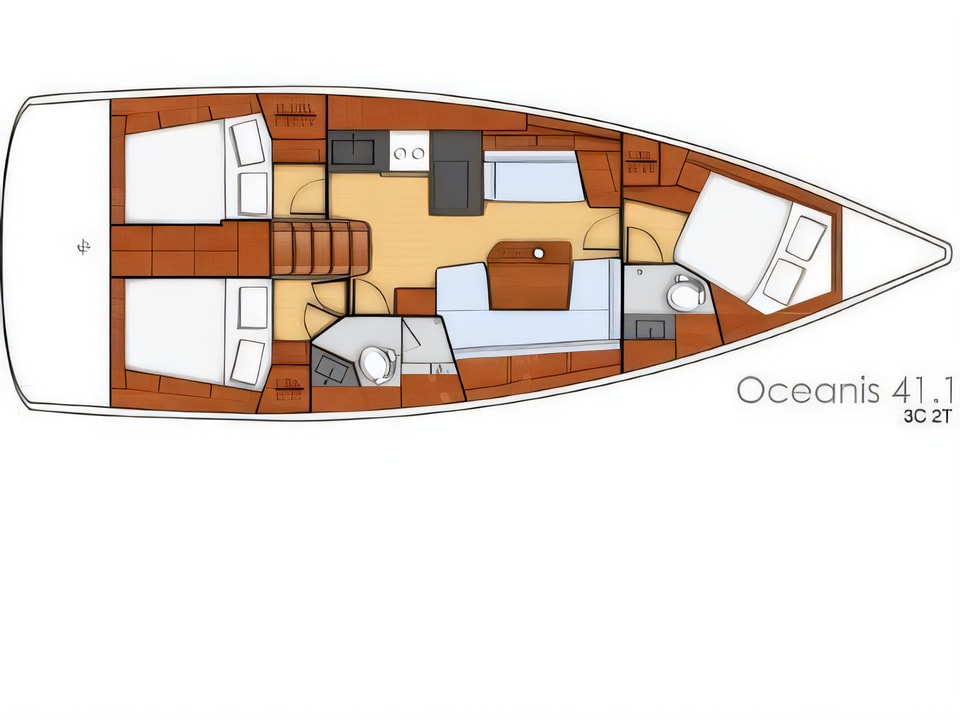 Layout of Oceanis 41.1 sail boat with 3 cabins Croatia yacht charter