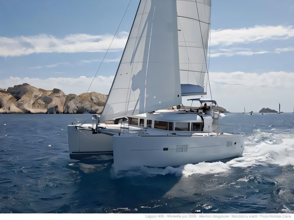 Exterior overview of Lagoon 400 catamaran for charter from Solta Rogac in the Split sailing area Croatia