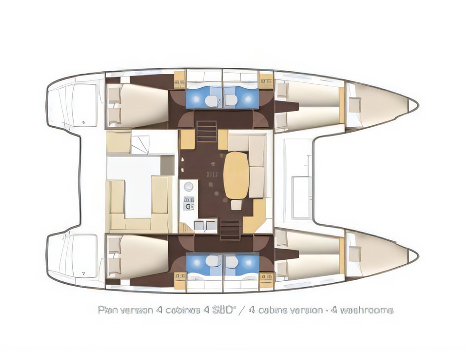 Layout of Lagoon 400 catamaran with 6 cabins Croatia yacht charter