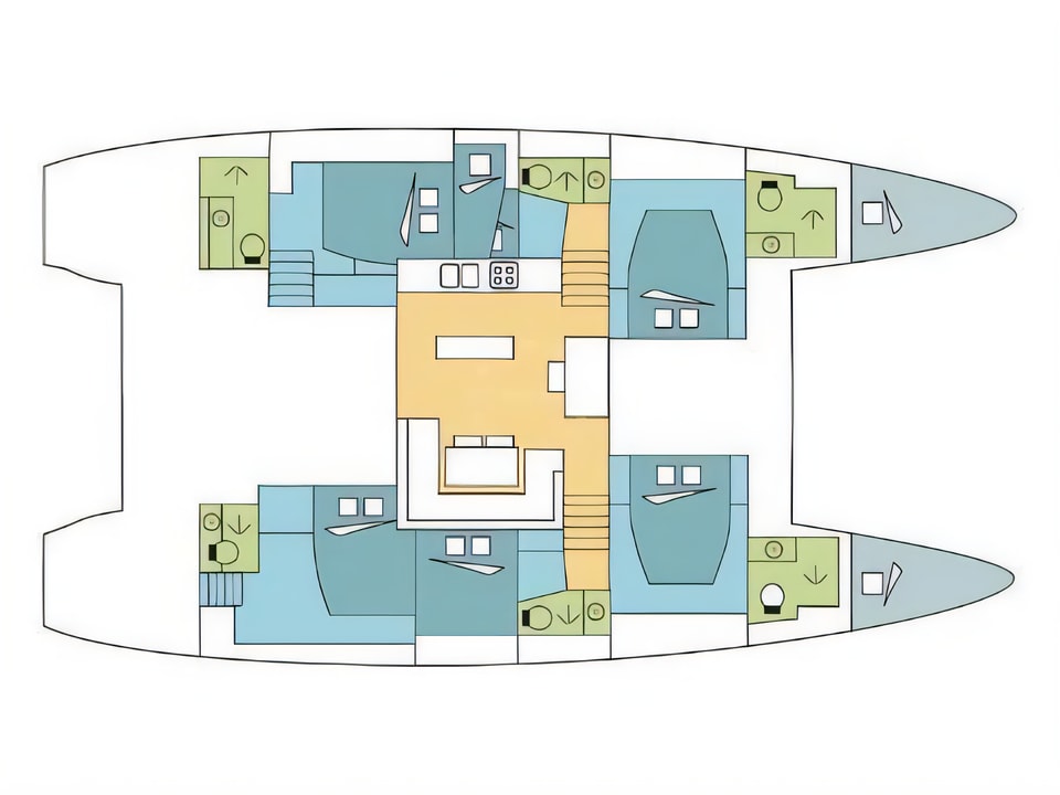 Layout of Lagoon 52 catamaran with 6 cabins Croatia yacht charter