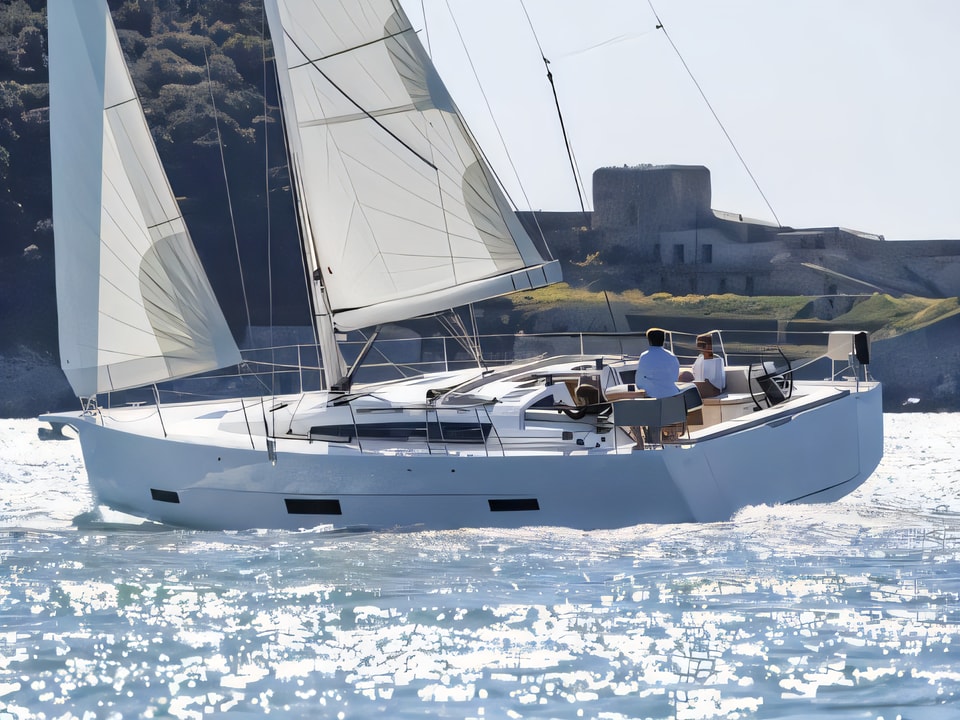 Exterior overview of Dufour 430 Grand Large sail boat for charter from Zaton Sibenski in the Sibenik sailing area Croatia