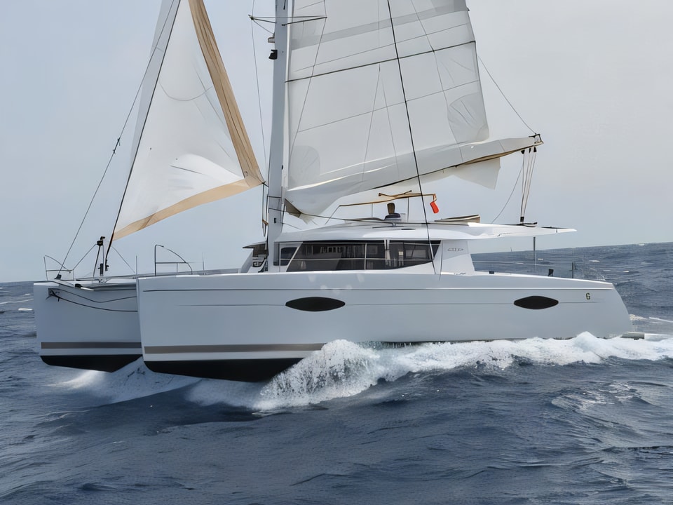 Exterior overview of Helia 44 catamaran for charter from Pomer ACI Marina in the Istria / Kvarner sailing area Croatia