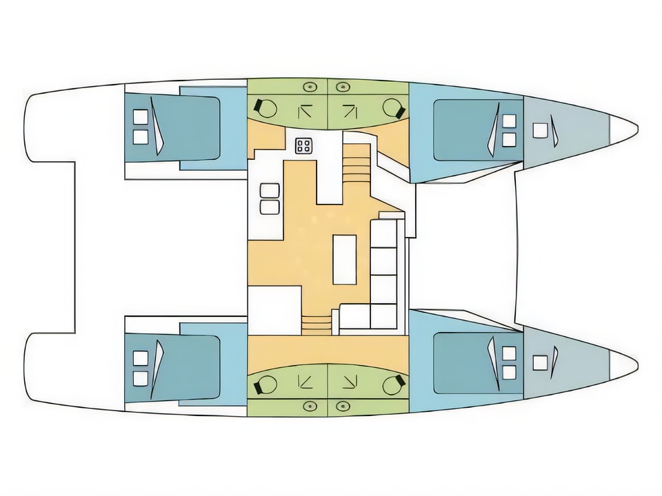 Layout of Helia 44 catamaran with 4 cabins Croatia yacht charter