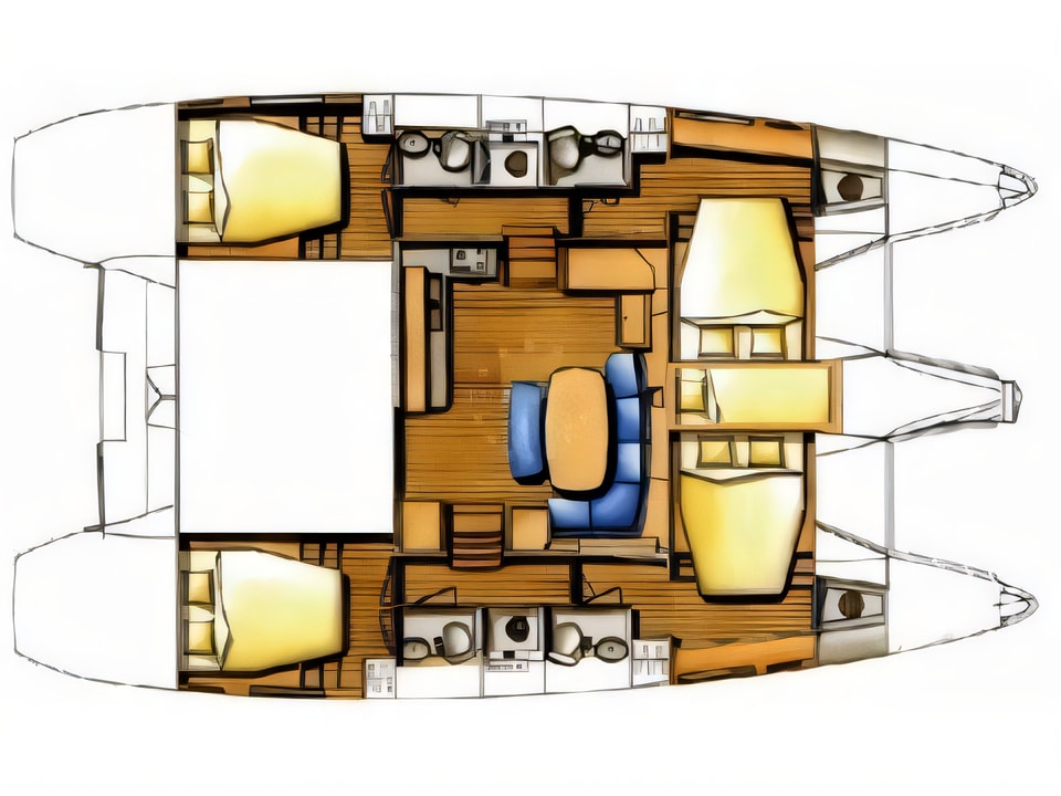 Layout of Lagoon 420 catamaran with 5 cabins Croatia yacht charter