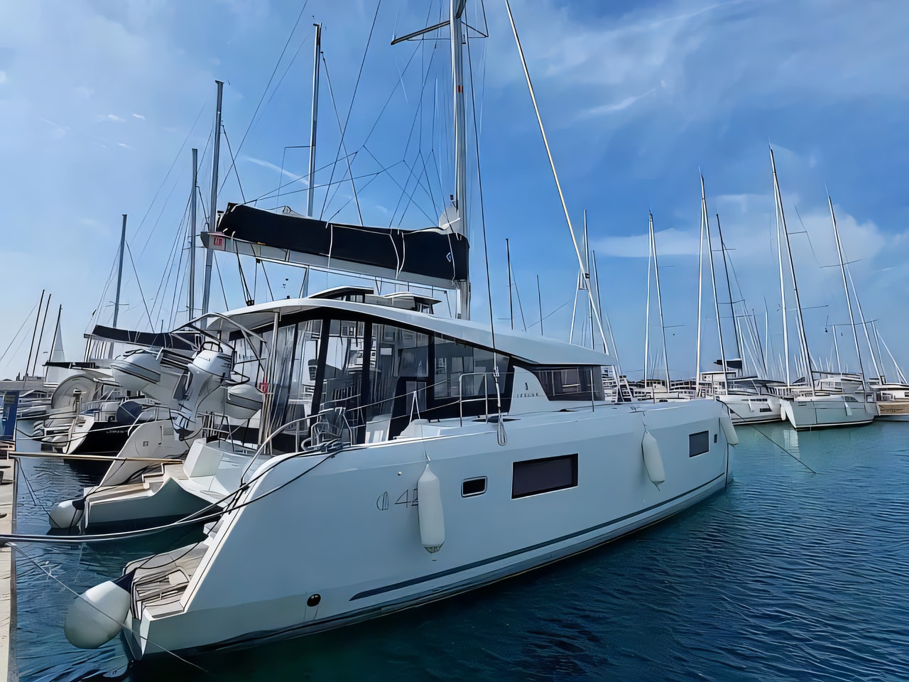 Exterior overview of Lagoon 42 catamaran for charter from Sukosan Marina Dalmacija in the Zadar sailing area Croatia