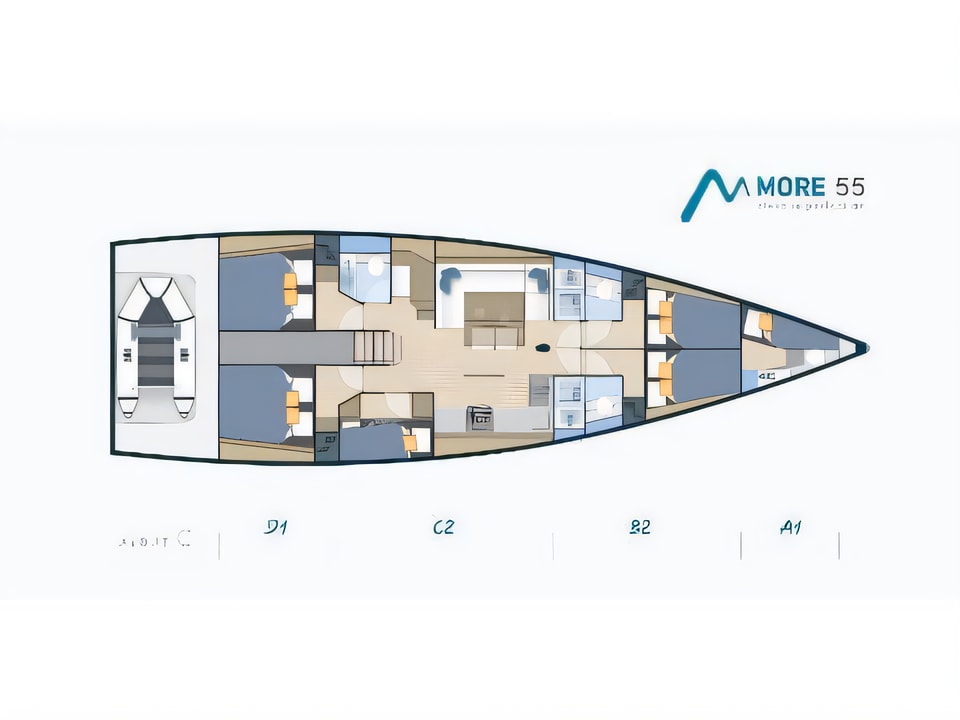 Layout of More 55 sail boat with 6 cabins Croatia yacht charter