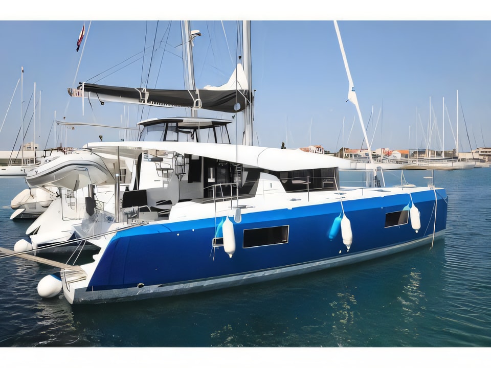 Exterior overview of Lagoon 42 catamaran for charter from Sukosan Marina Dalmacija in the Kornati sailing area Croatia