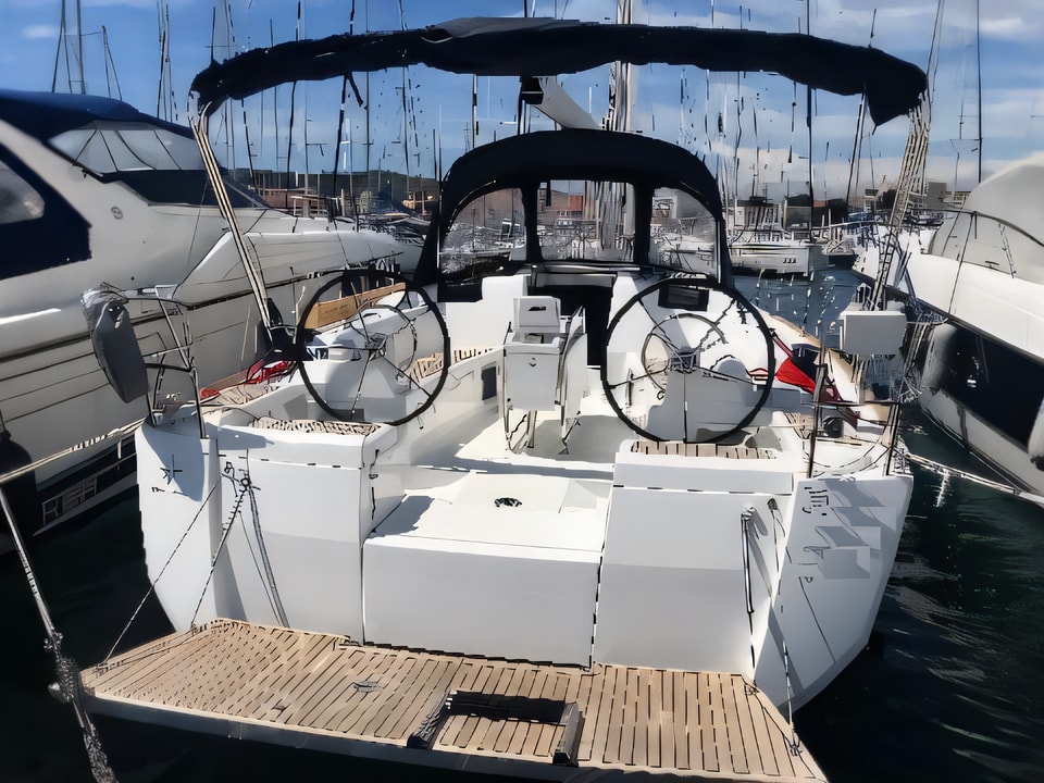 Exterior overview of Sun Odyssey 419 sail boat for charter from Vodice ACI Marina in the Sibenik sailing area Croatia