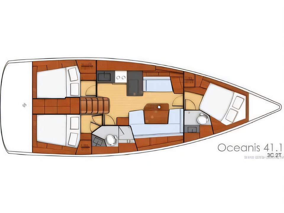 Layout of Oceanis 41.1 sail boat with 3 cabins Croatia yacht charter