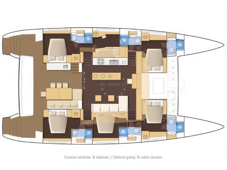 Layout of Lagoon 620 catamaran with 5 cabins Croatia yacht charter