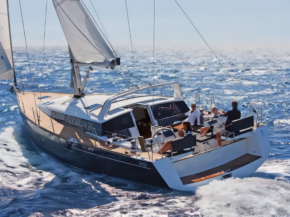 Exterior overview of Sense 50 sail boat for charter from Kastela Gomilica Marina in the Sibenik sailing area Croatia