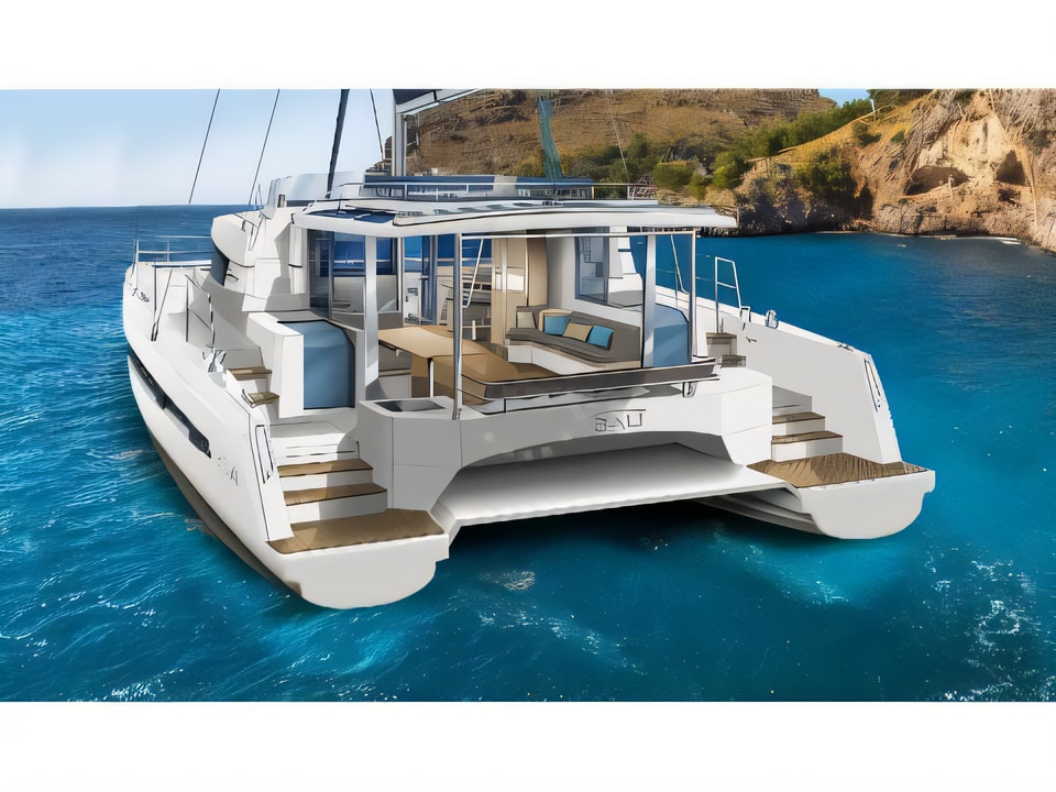 Exterior overview of Bali 5.4. catamaran for charter from Rogoznica Marina Frapa in the Sibenik sailing area Croatia
