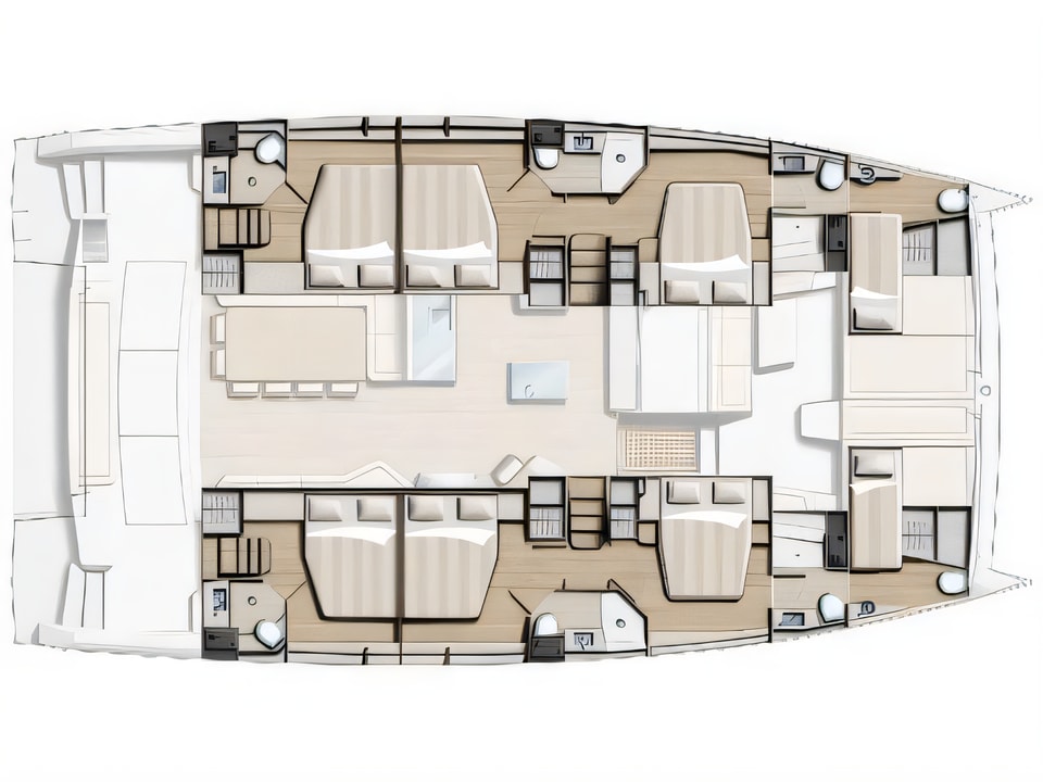 Layout of Bali 5.4. catamaran with 8 cabins Croatia yacht charter