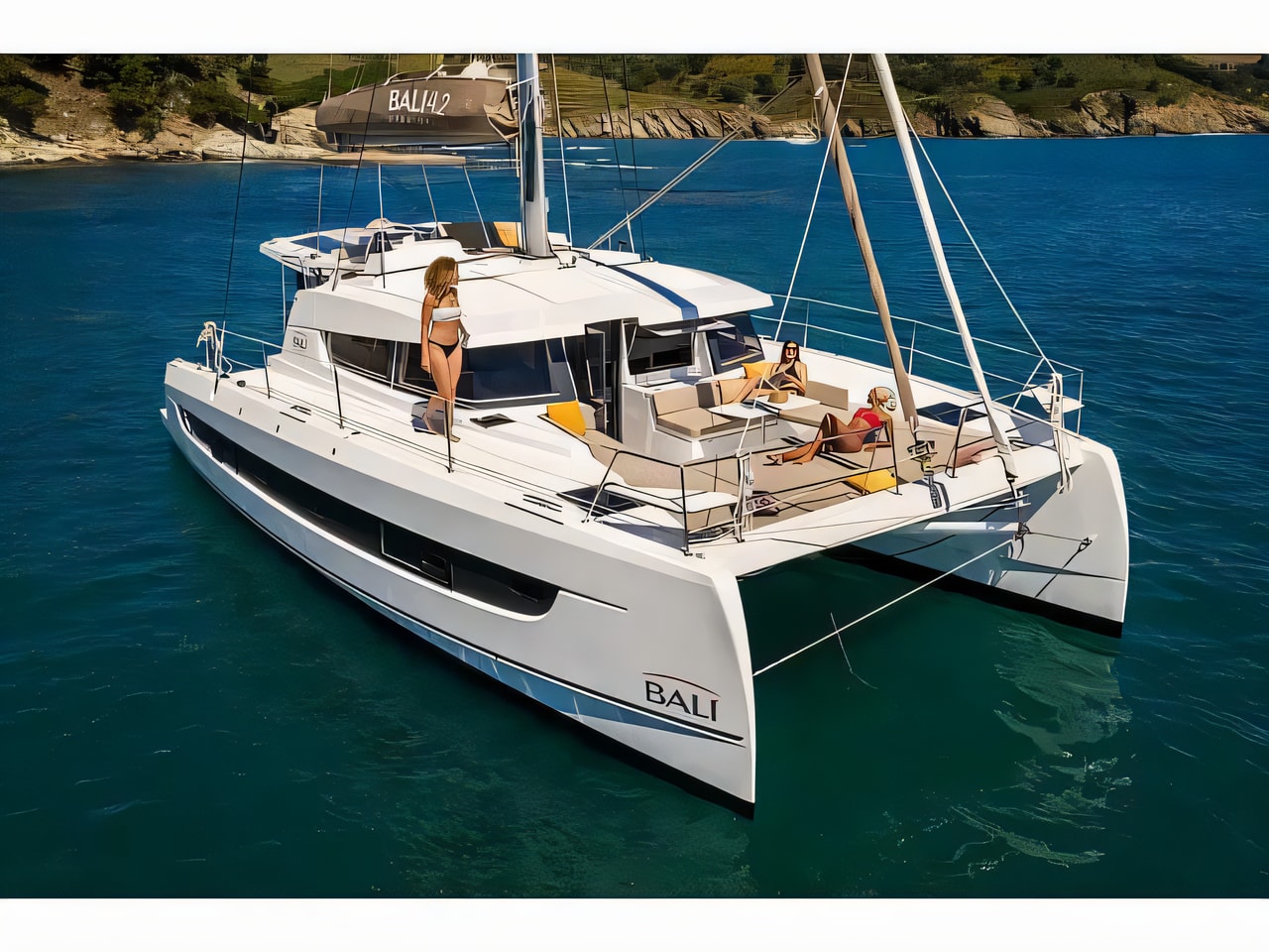 Exterior overview of Bali 4.2 catamaran for charter from Pula Tehnomont Marina Veruda in the Istria / Kvarner sailing area Croatia
