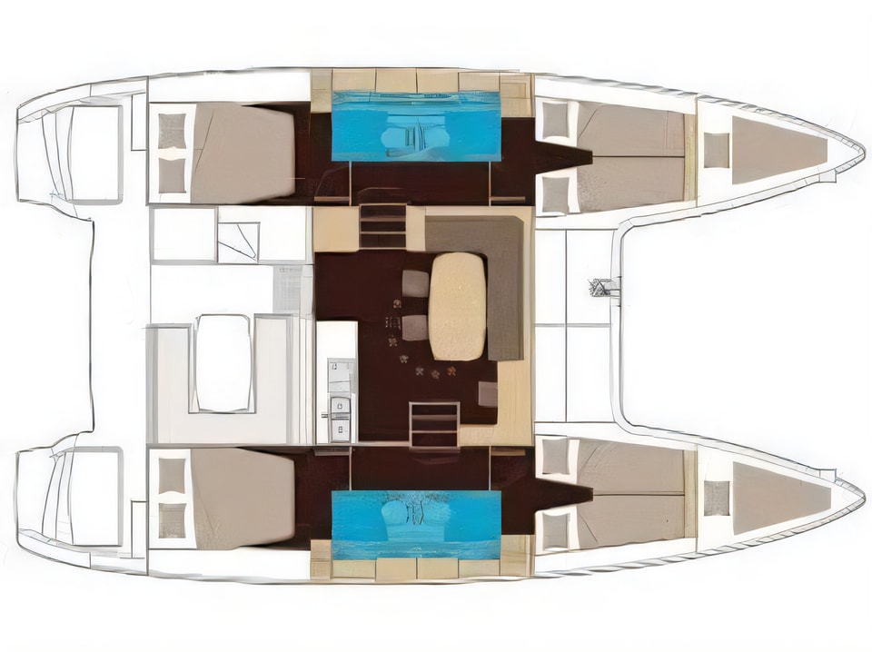 Layout of Lagoon 40 catamaran with 6 cabins Croatia yacht charter