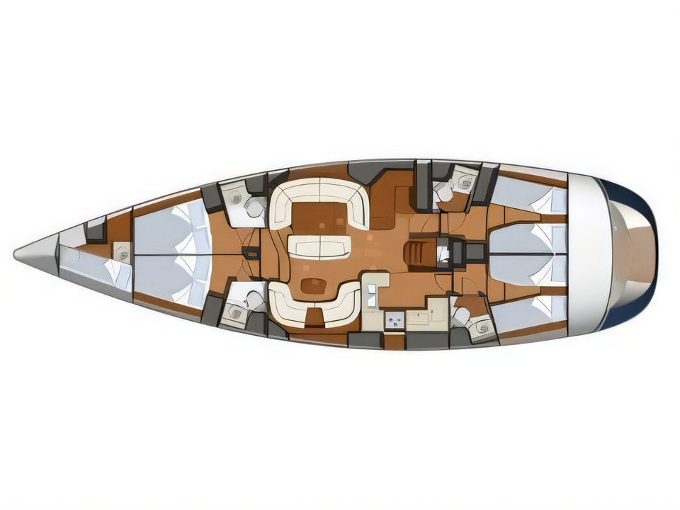 Layout of Sun Odyssey 54DS sail boat with 5 cabins Croatia yacht charter