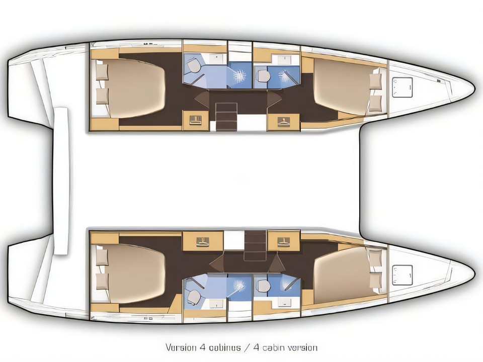 Layout of Lagoon 42 catamaran with 6 cabins Croatia yacht charter