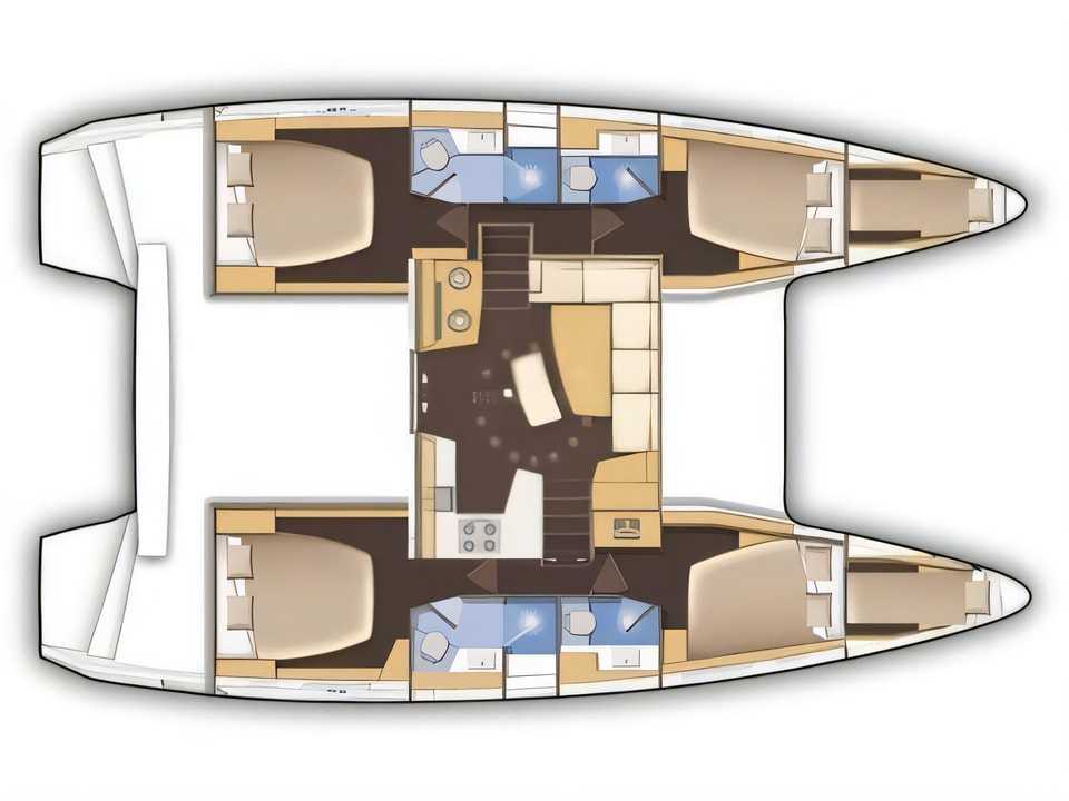 Layout of Lagoon 42 catamaran with 4 cabins Croatia yacht charter
