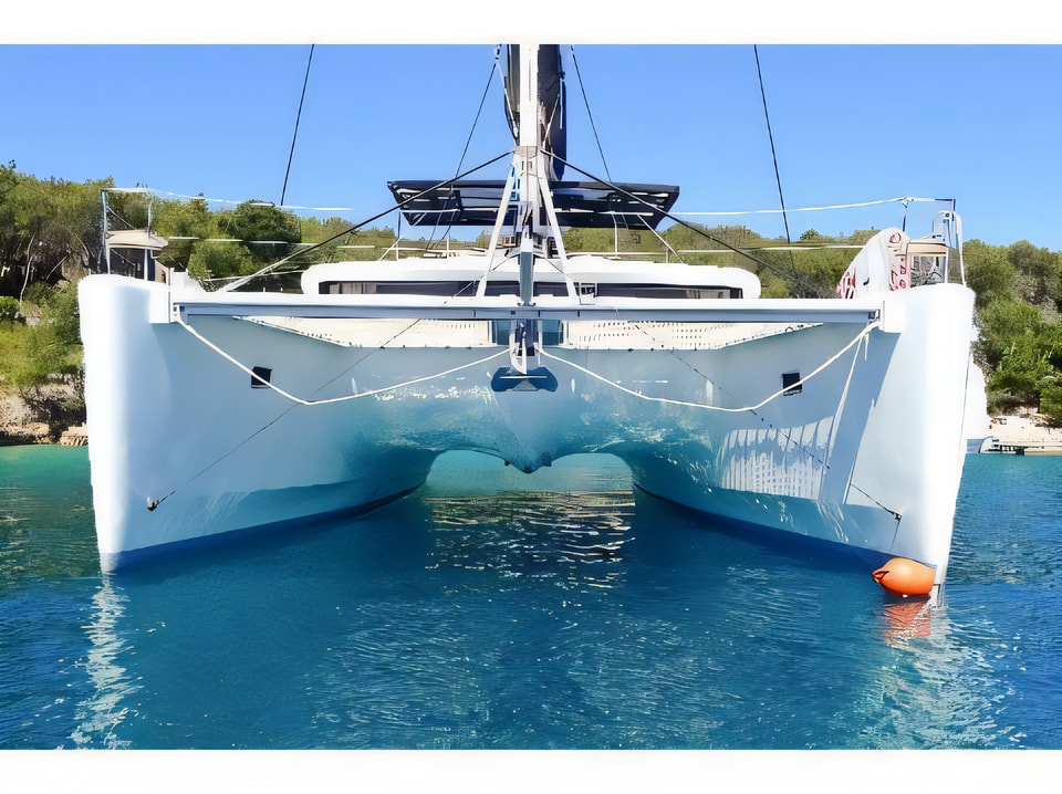 Exterior overview of Lagoon 450 catamaran for charter from Kastela Gomilica Marina in the Sibenik sailing area Croatia