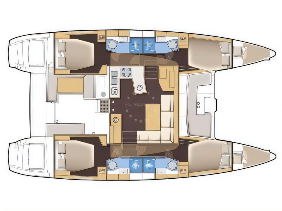 Layout of Lagoon 450 catamaran with 6 cabins Croatia yacht charter