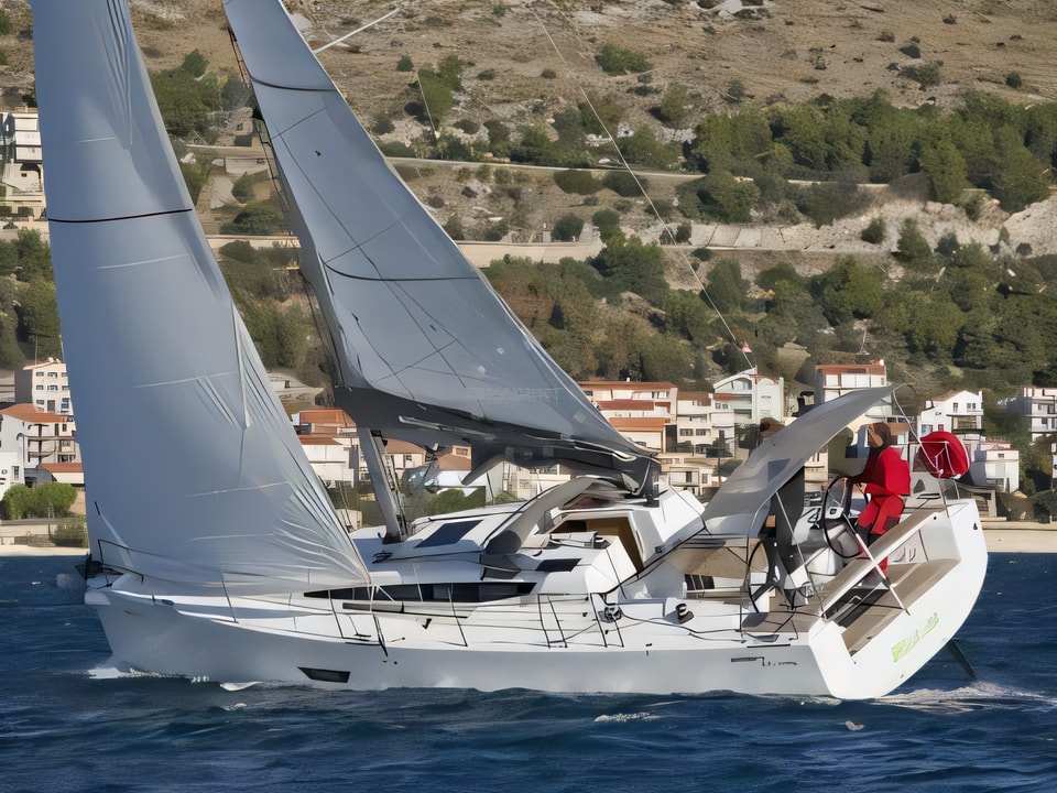 Exterior overview of Elan E4 sail boat for charter from SCT Marina Trogir in the Split sailing area Croatia