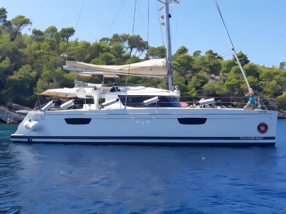 Exterior overview of Saba 50 catamaran for charter from Seget Donji Marina Baotic in the Split sailing area Croatia