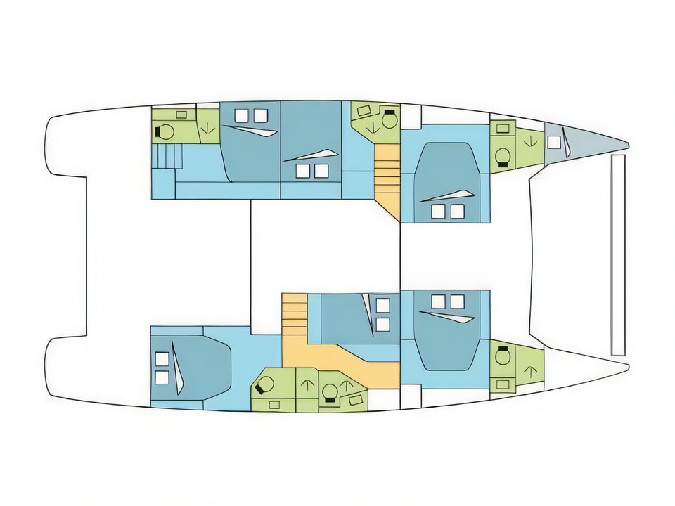 Layout of Saba 50 catamaran with 7 cabins Croatia yacht charter
