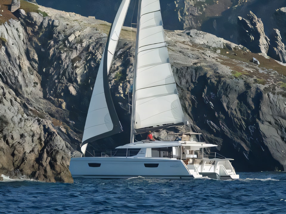 Exterior overview of Saba 50 catamaran for charter from Seget Donji Marina Baotic in the Split sailing area Croatia