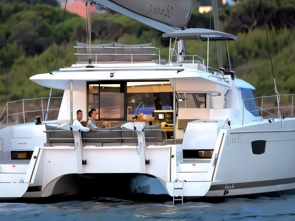 Exterior overview of Saba 50 catamaran for charter from Seget Donji Marina Baotic in the Split sailing area Croatia