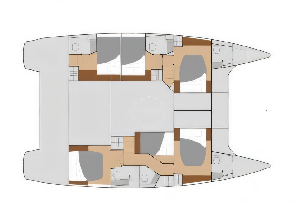 Layout of Saba 50 catamaran with 7 cabins Croatia yacht charter