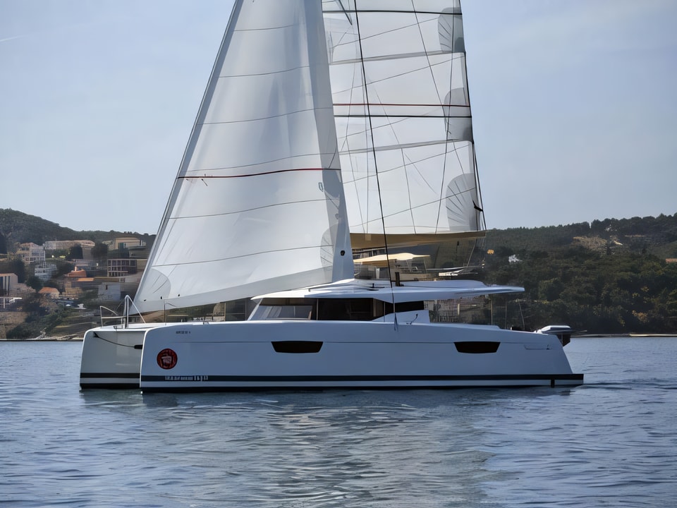Exterior overview of Saona 47 catamaran for charter from Seget Donji Marina Baotic in the Split sailing area Croatia