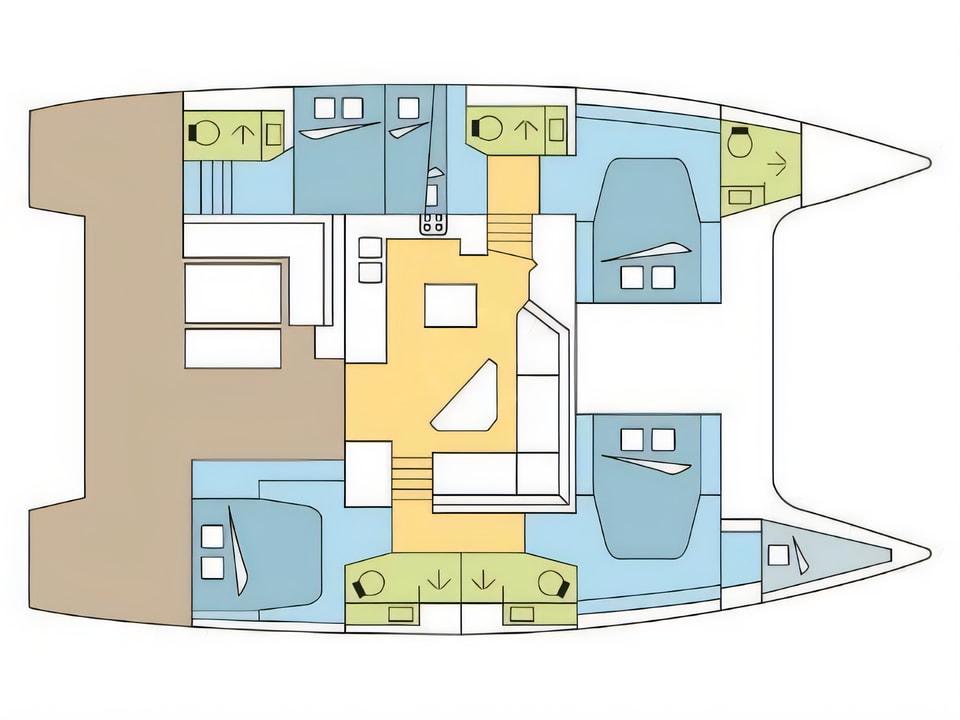 Layout of Saona 47 catamaran with 6 cabins Croatia yacht charter