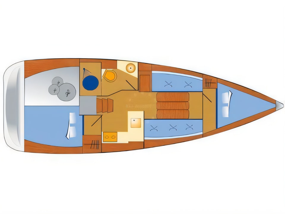 Layout of Sun Odyssey 349 sail boat with 2 cabins Croatia yacht charter