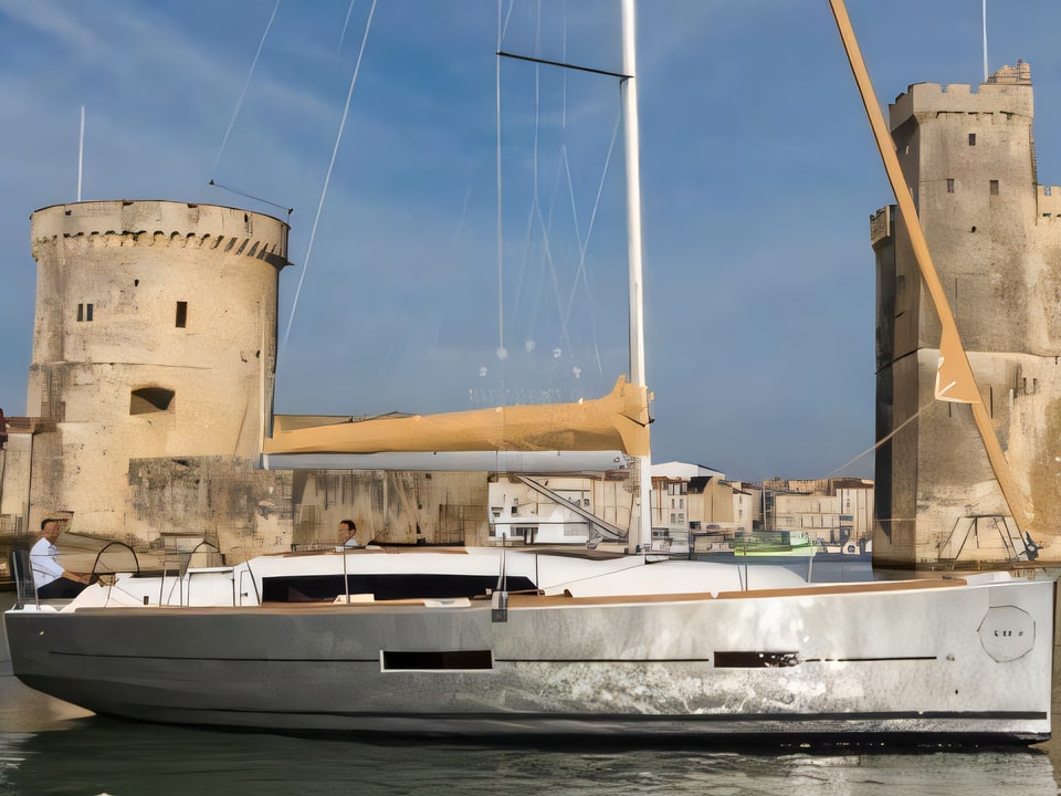 Exterior overview of Dufour 382 Grand Large - 2 cab sail boat for charter from Pula Tehnomont Marina Veruda in the Istria / Kvarner sailing area Croatia