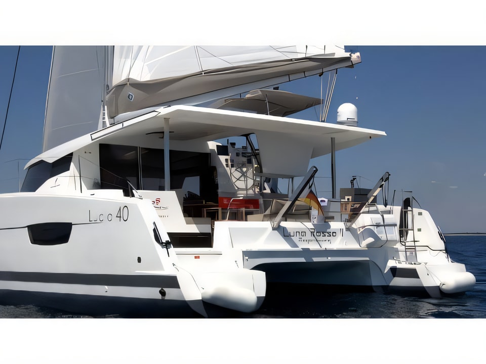 Exterior overview of Lucia 40 catamaran for charter from Pula Tehnomont Marina Veruda in the Istria / Kvarner sailing area Croatia