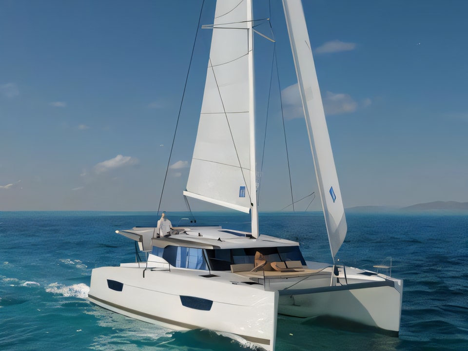 Exterior overview of Lucia 40 - 3 cab catamaran for charter from Pula Tehnomont Marina Veruda in the Istria / Kvarner sailing area Croatia