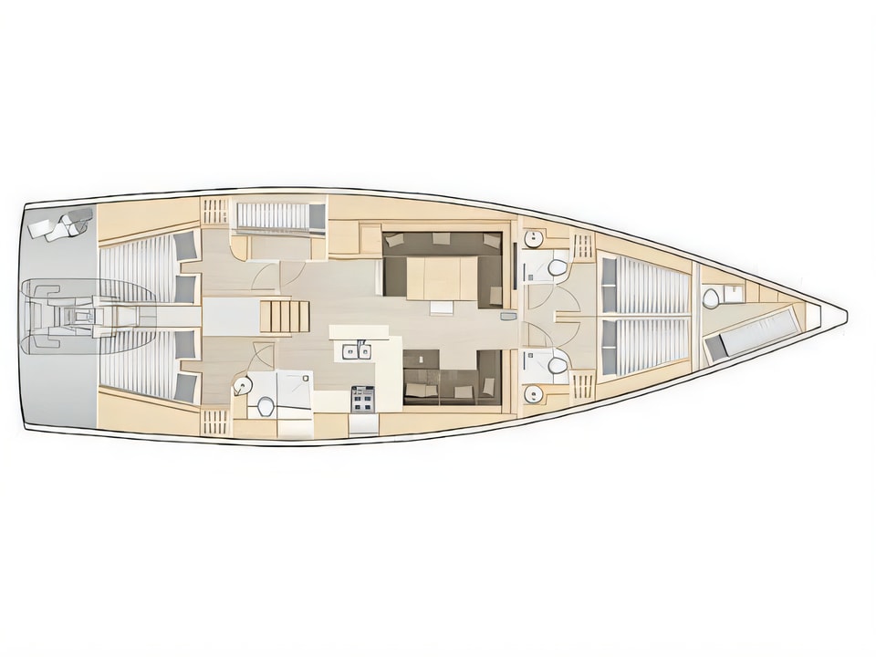 Layout of Hanse 588 sail boat with 6 cabins Croatia yacht charter