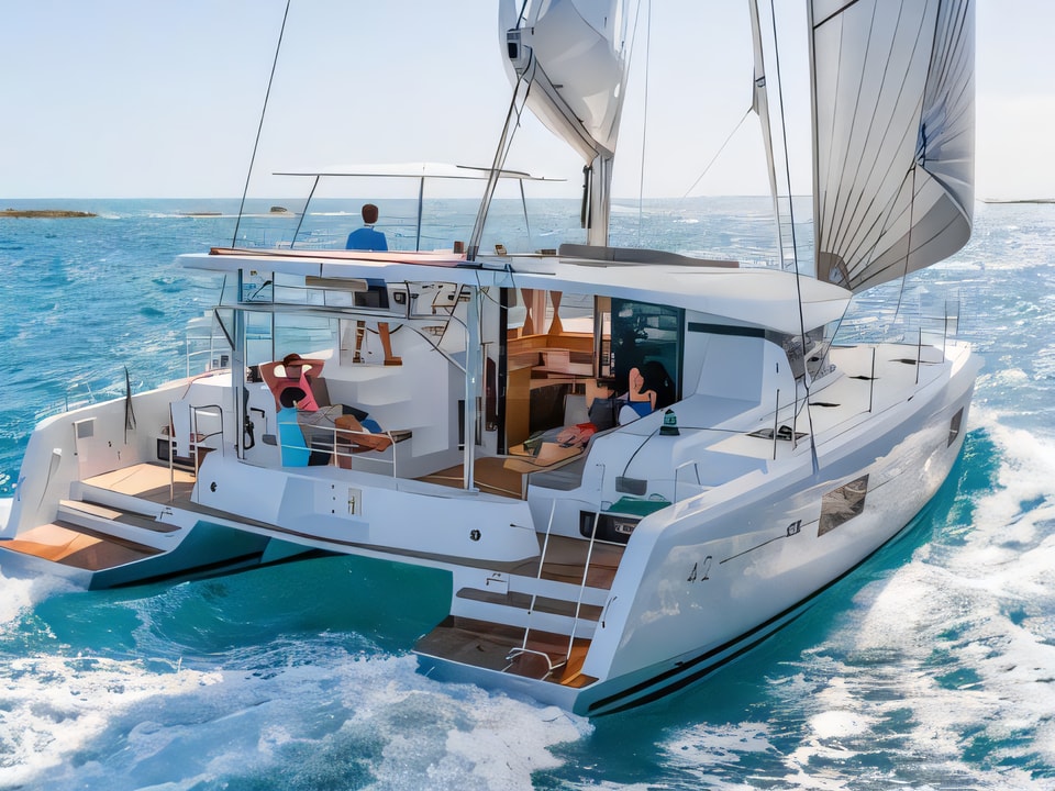 Exterior overview of Lagoon 42 catamaran for charter from SCT Marina Trogir in the Split sailing area Croatia