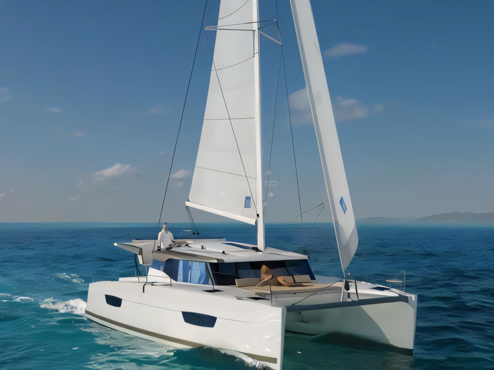 Exterior overview of Lucia 40 - 3 cab catamaran for charter from Krk Marina Punat in the Istria / Kvarner sailing area Croatia