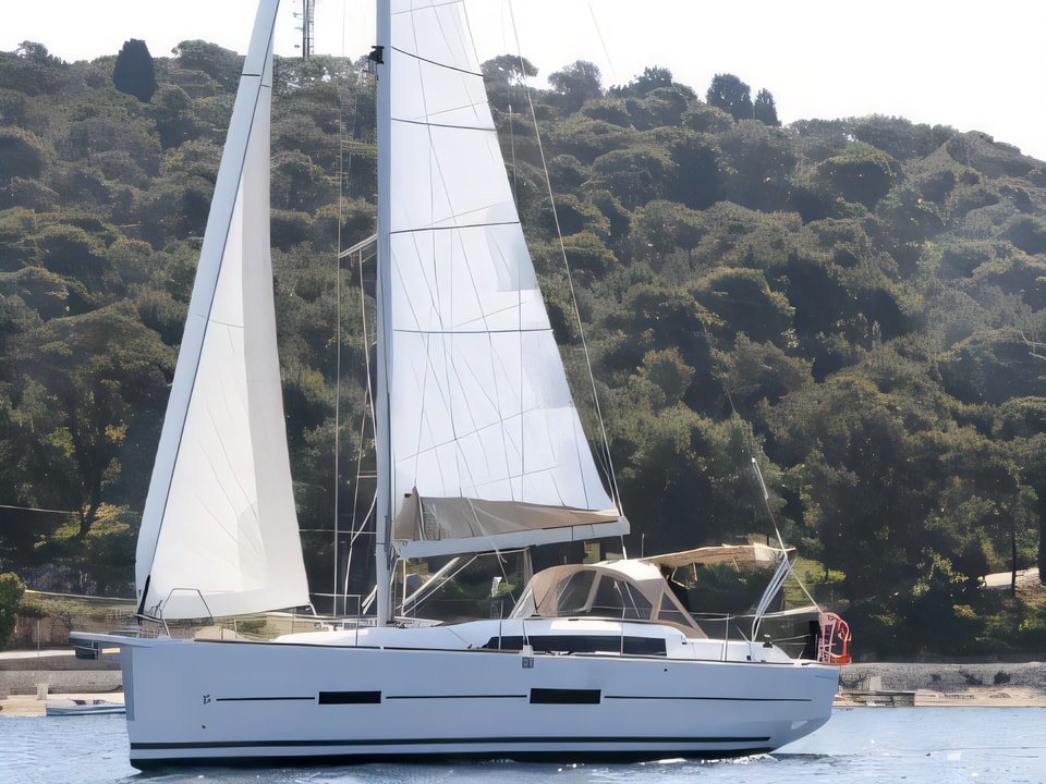 Exterior overview of Dufour 382 Grand Large - 3 cab sail boat for charter from Rogoznica Marina Frapa in the Sibenik sailing area Croatia