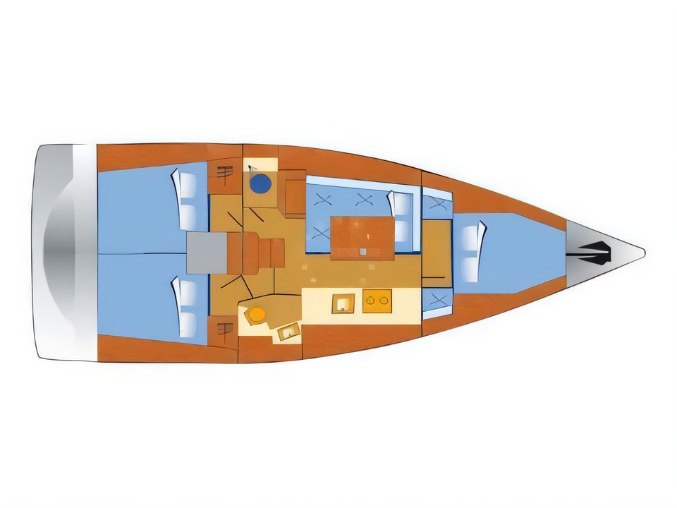 Layout of Oceanis 38 sail boat with 3 cabins Croatia yacht charter