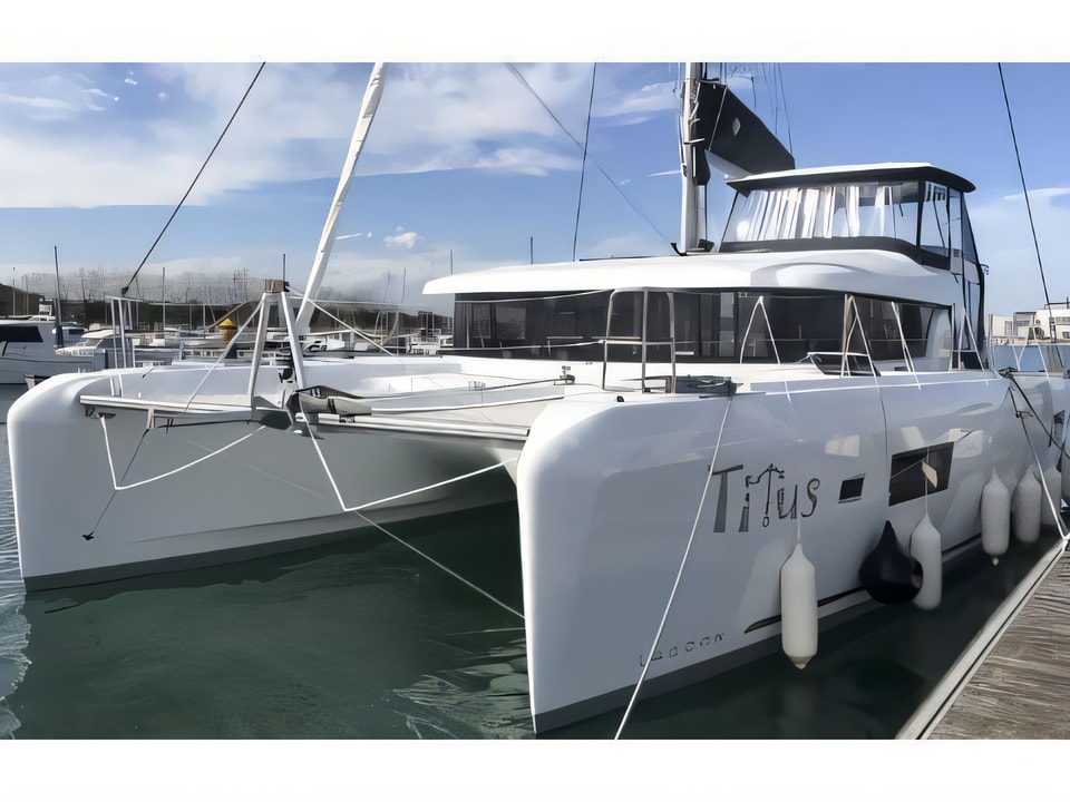Exterior overview of Lagoon 42 - 3 cab catamaran for charter from Rogoznica Marina Frapa in the Sibenik sailing area Croatia